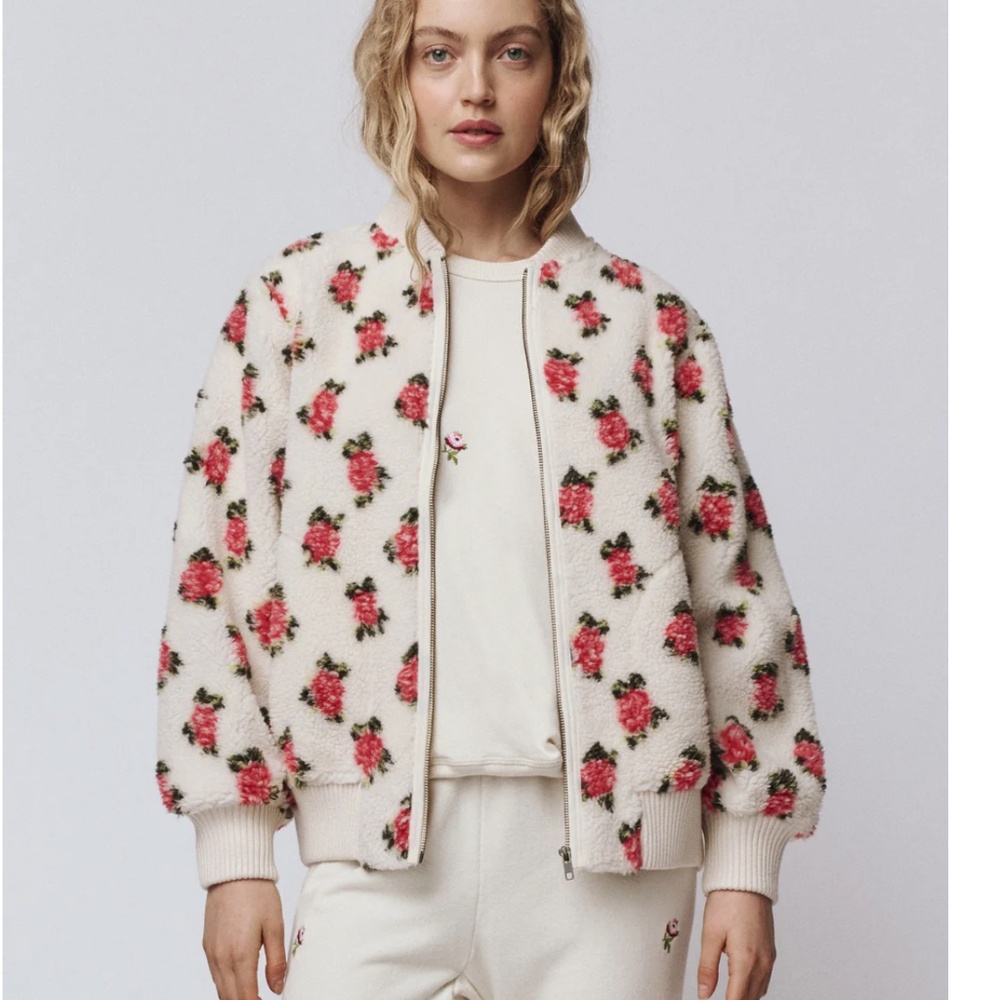 The Great. Bomber Jacket Womens Size 1‎ US Small Zip Plush Cream Rose Fleece